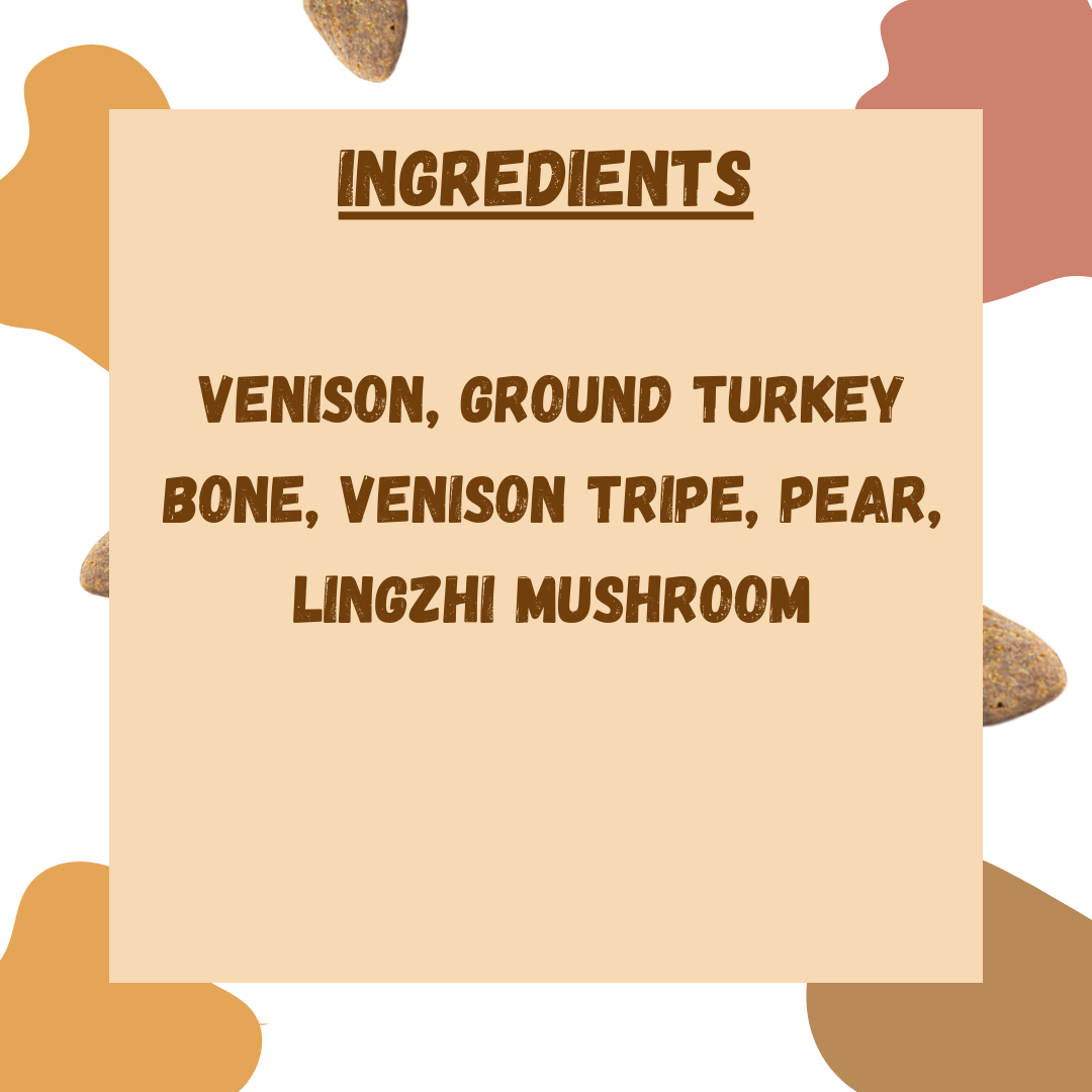 Freeze-Dried Venison Meal Toppers & Treats – A nutritious blend of raw New Zealand venison, venison tripe, turkey bone, pears, and mushrooms, freeze-dried to lock in flavor and nutrients. Perfect for dogs and cats as a tasty topper or treat.