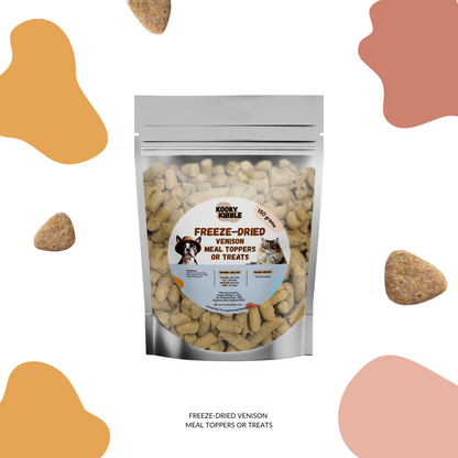 Freeze-Dried Venison Meal Toppers & Treats – A nutritious blend of raw New Zealand venison, venison tripe, turkey bone, pears, and mushrooms, freeze-dried to lock in flavor and nutrients. Perfect for dogs and cats as a tasty topper or treat.