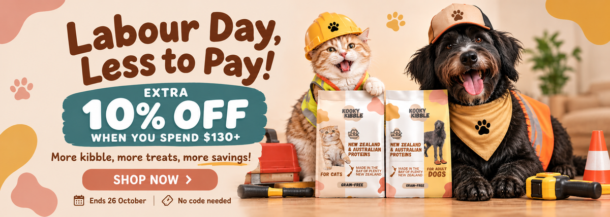 Promotional banner for pet food featuring a cat and a dog dressed as construction workers with orange vests and hats, standing behind bags of pet food on a wooden floor. Large text reads 'Labour Day, Less to Pay!' and 'EXTRA 10% OFF WHEN YOU SPEND $130+'.