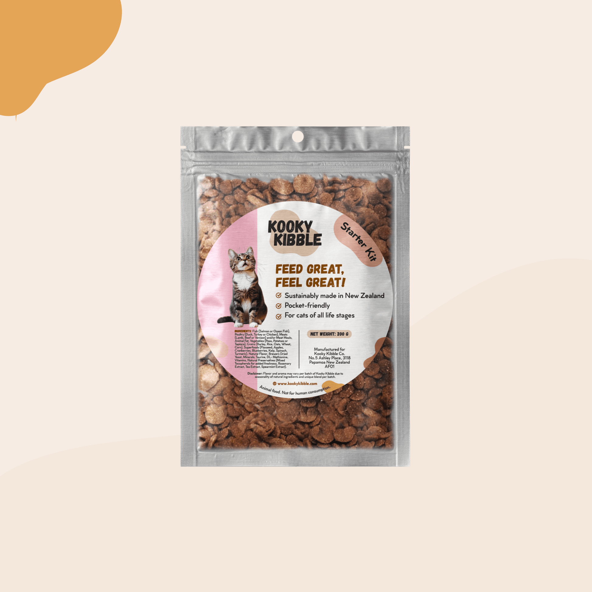 Kooky Kibble cat kibble starter kit 200g bag